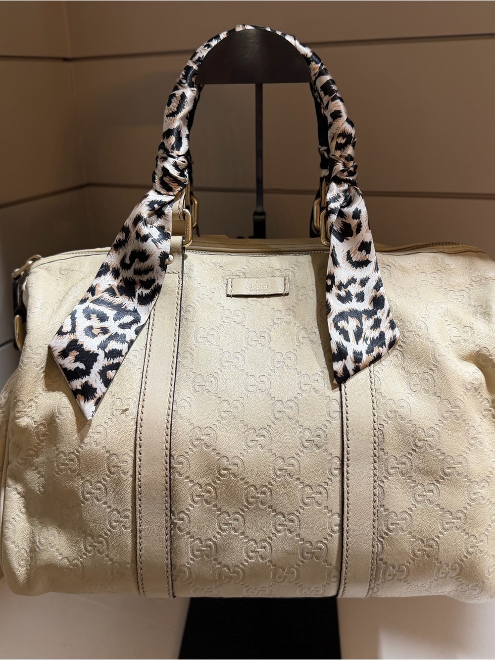 Gucci Cream Embossed Leather Duffel with Leopard Scarf Accent